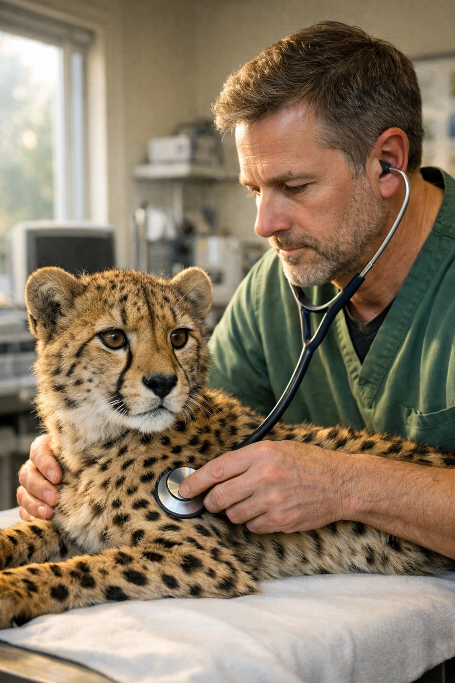 Zoo veterinarian performing a medical exam on a cheetah to showcase authentic animal care and mission.