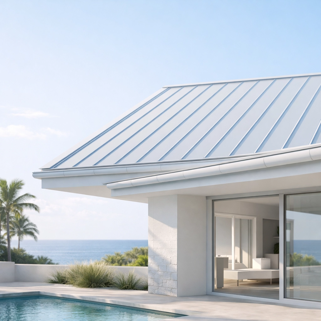 Modern Northern Beaches home featuring premium metal roofing and gutters built for severe coastal salt environments.