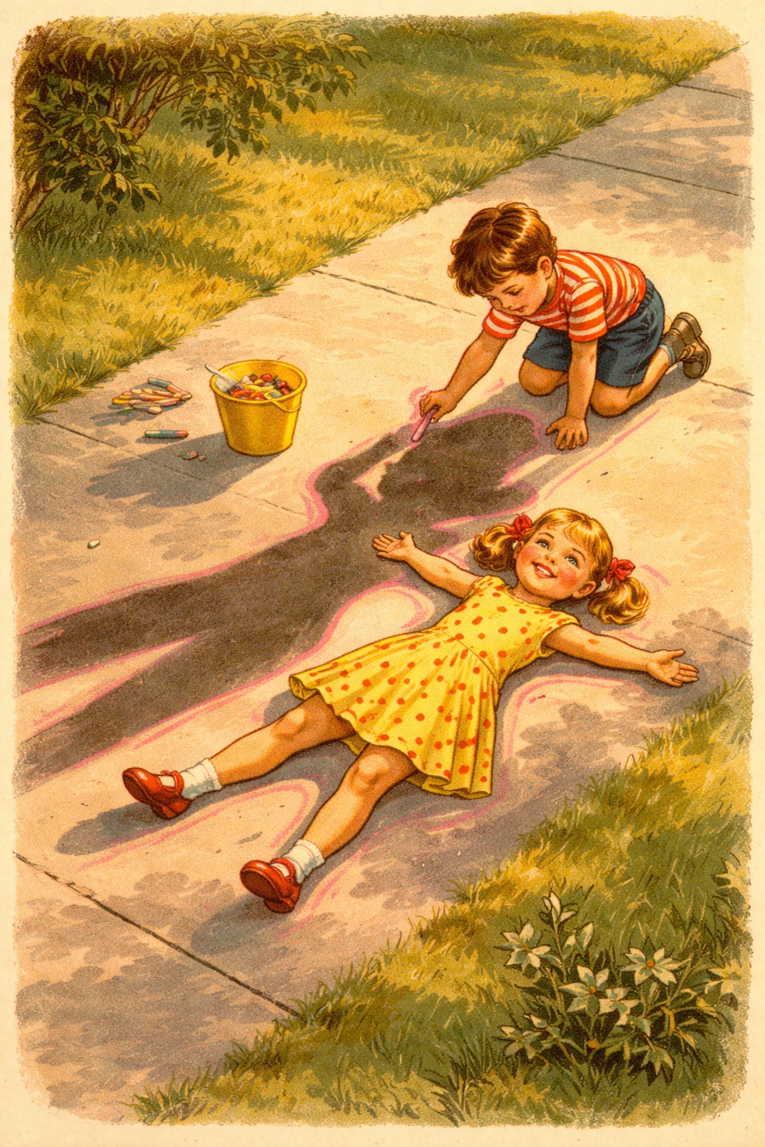 Boy tracing full-body chalk shadow of a girl lying on the sidewalk during afternoon shadow art