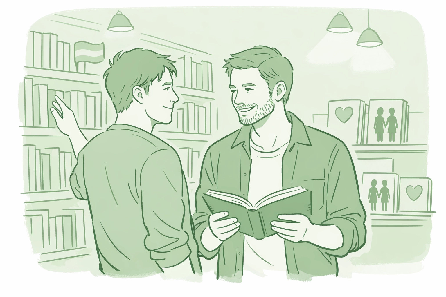 Gay couple browsing MM romance novels in queer-focused bookstore community space