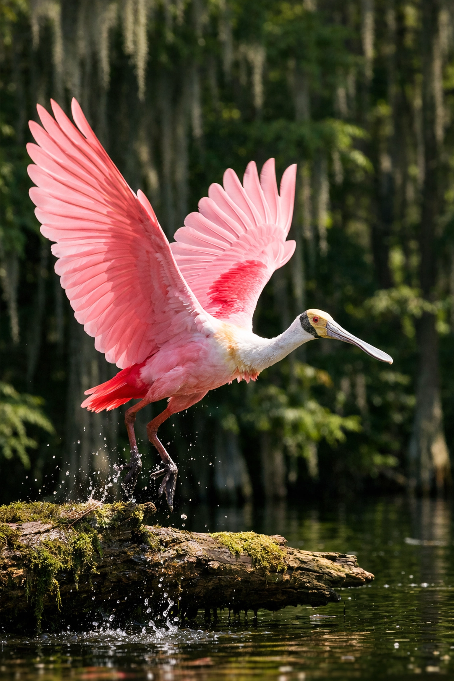 A Roseate Spoonbill taking flight in the Everglades, perfect for wildlife photography.