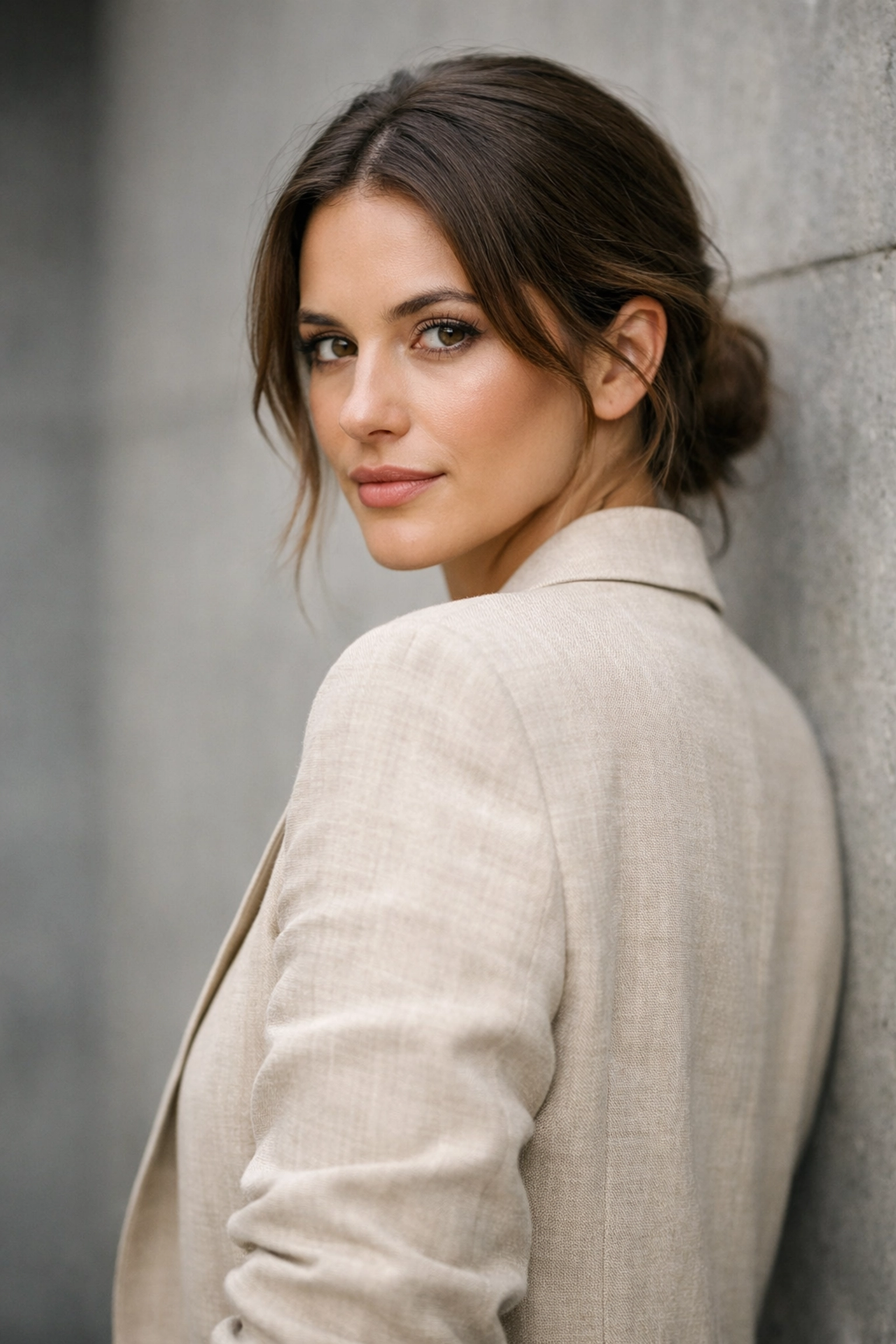 Model demonstrating a shoulder-turn pose using professional portrait photography techniques.