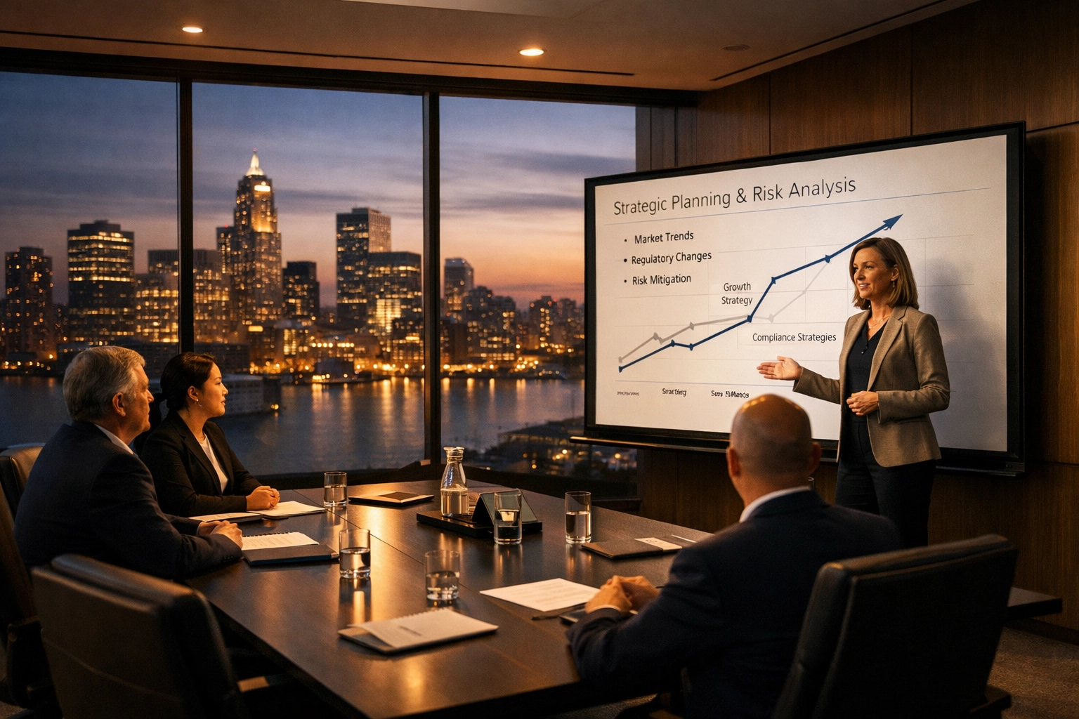 Business leaders in a boardroom discussing ServiceNow ESG reporting and DORA compliance strategies.