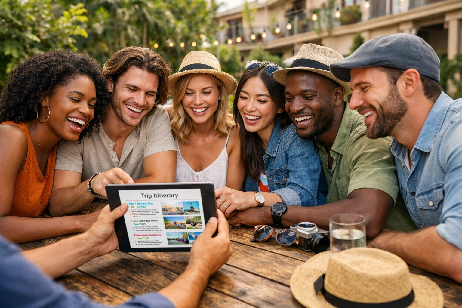 Diverse friends use a group trip planner to organize their travel itinerary on a sun-drenched patio.