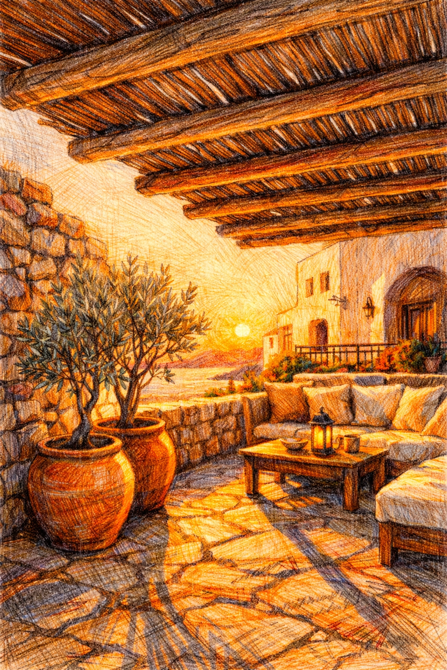 Sustainable hotel architecture on a Mediterranean terrace with natural stone walls and olive trees.