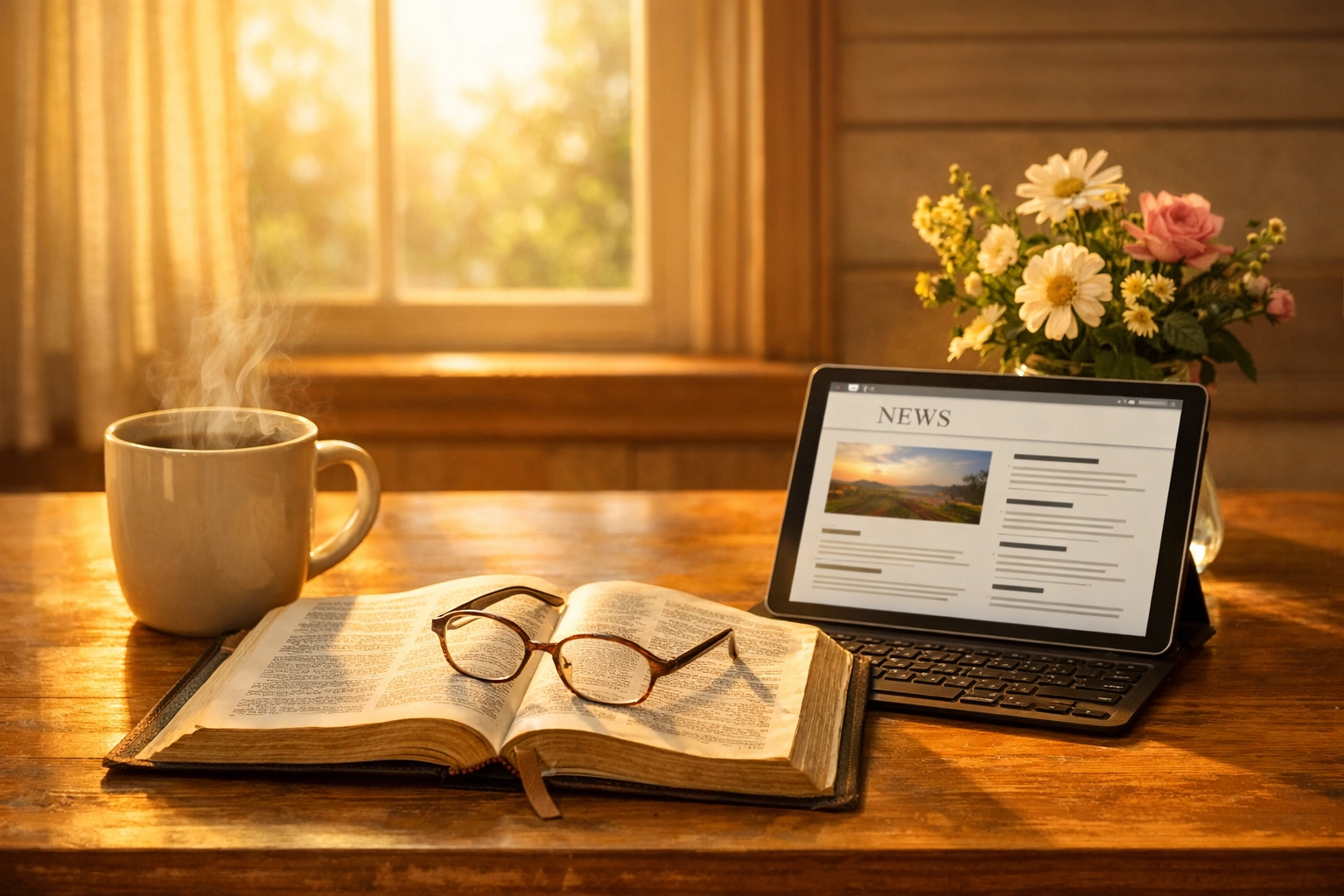 Peaceful breakfast table with Bible, coffee, and Christ-centered news on tablet
