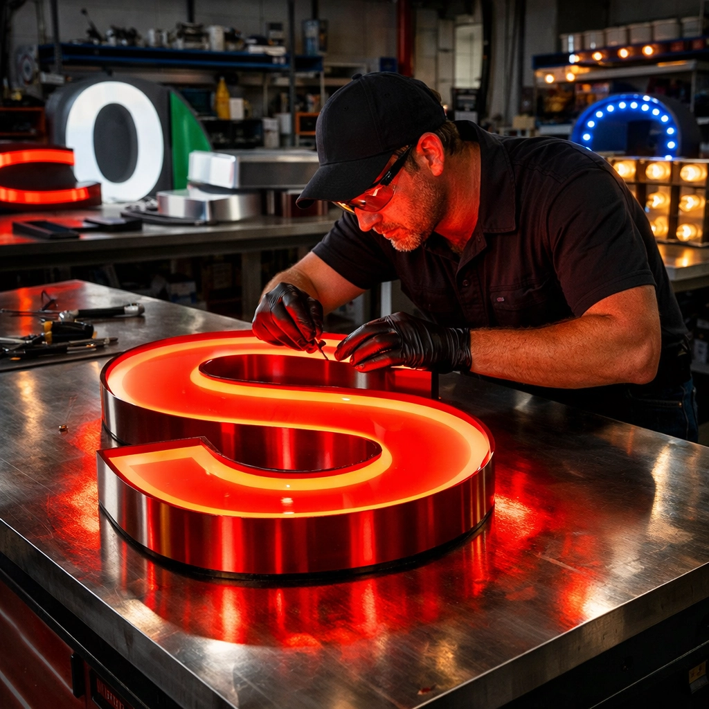 Professional technician assembling a custom red LED channel letter sign in a workshop.