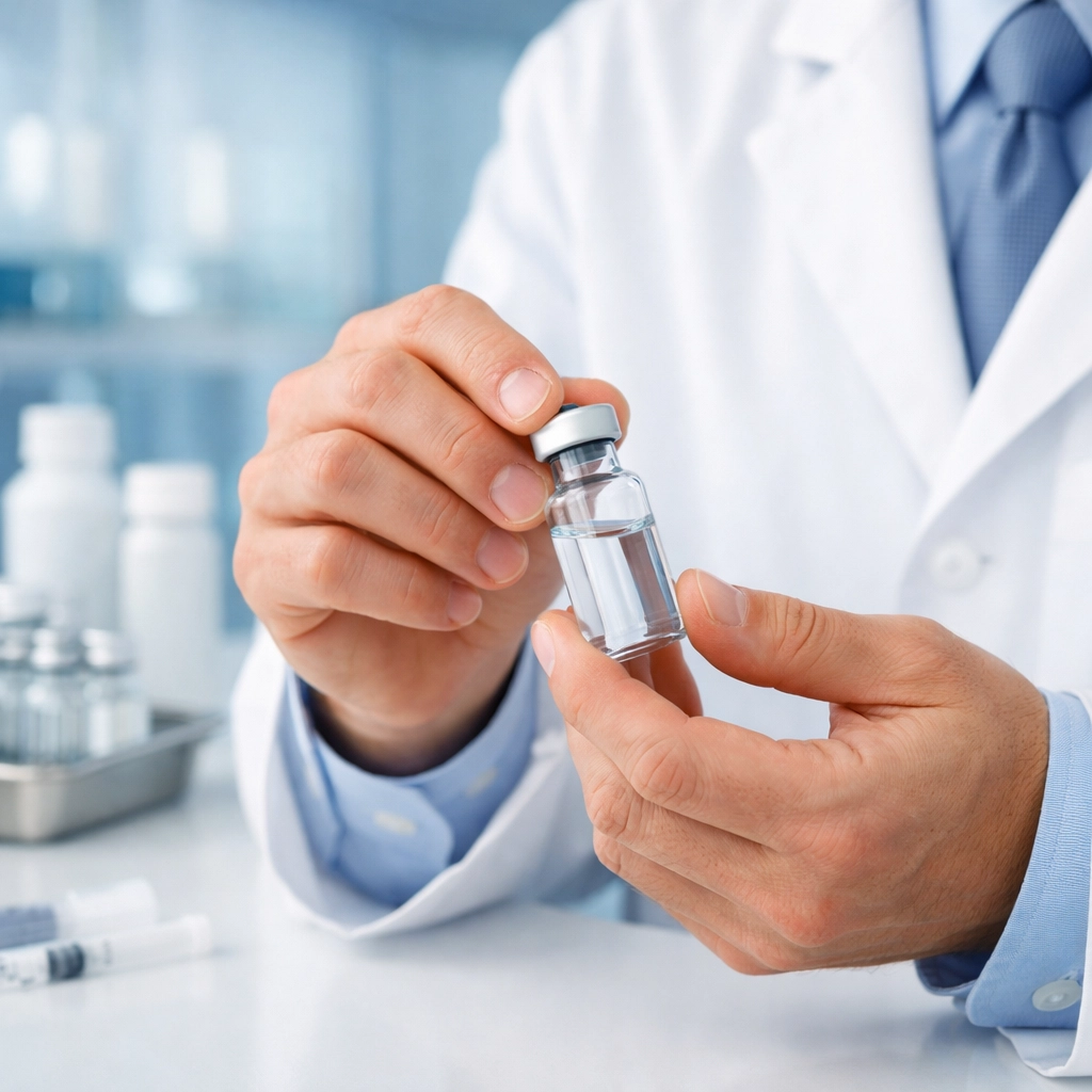 A professional pharmacist in a lab preparing compounded weight loss medication vials safely.