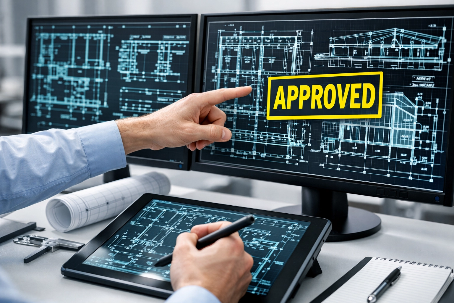 A technical plan reviewer examining architectural drawings for Florida building permit approval.