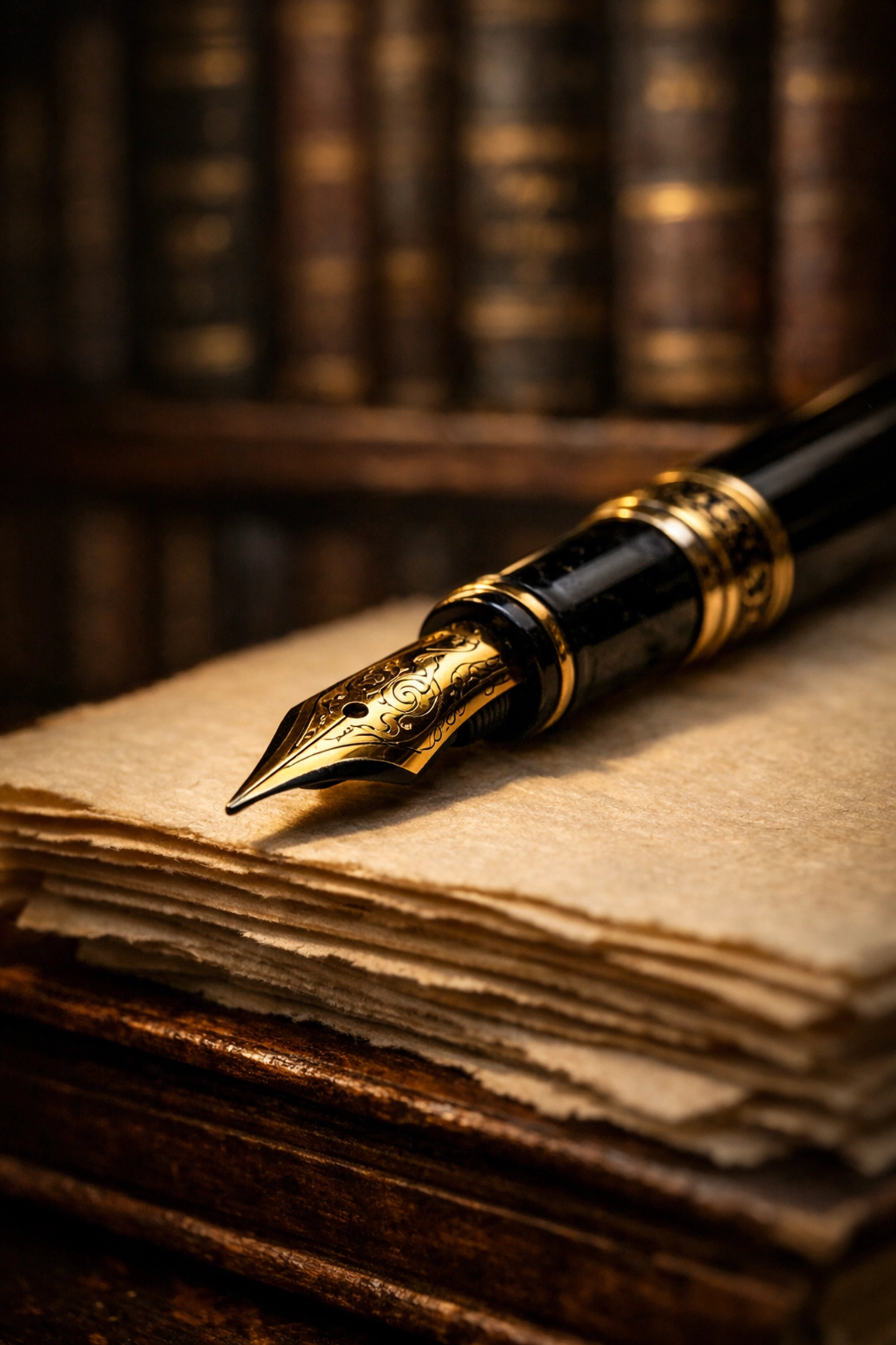 A gold fountain pen on parchment in a library symbolizing E-E-A-T and authoritative blogging.