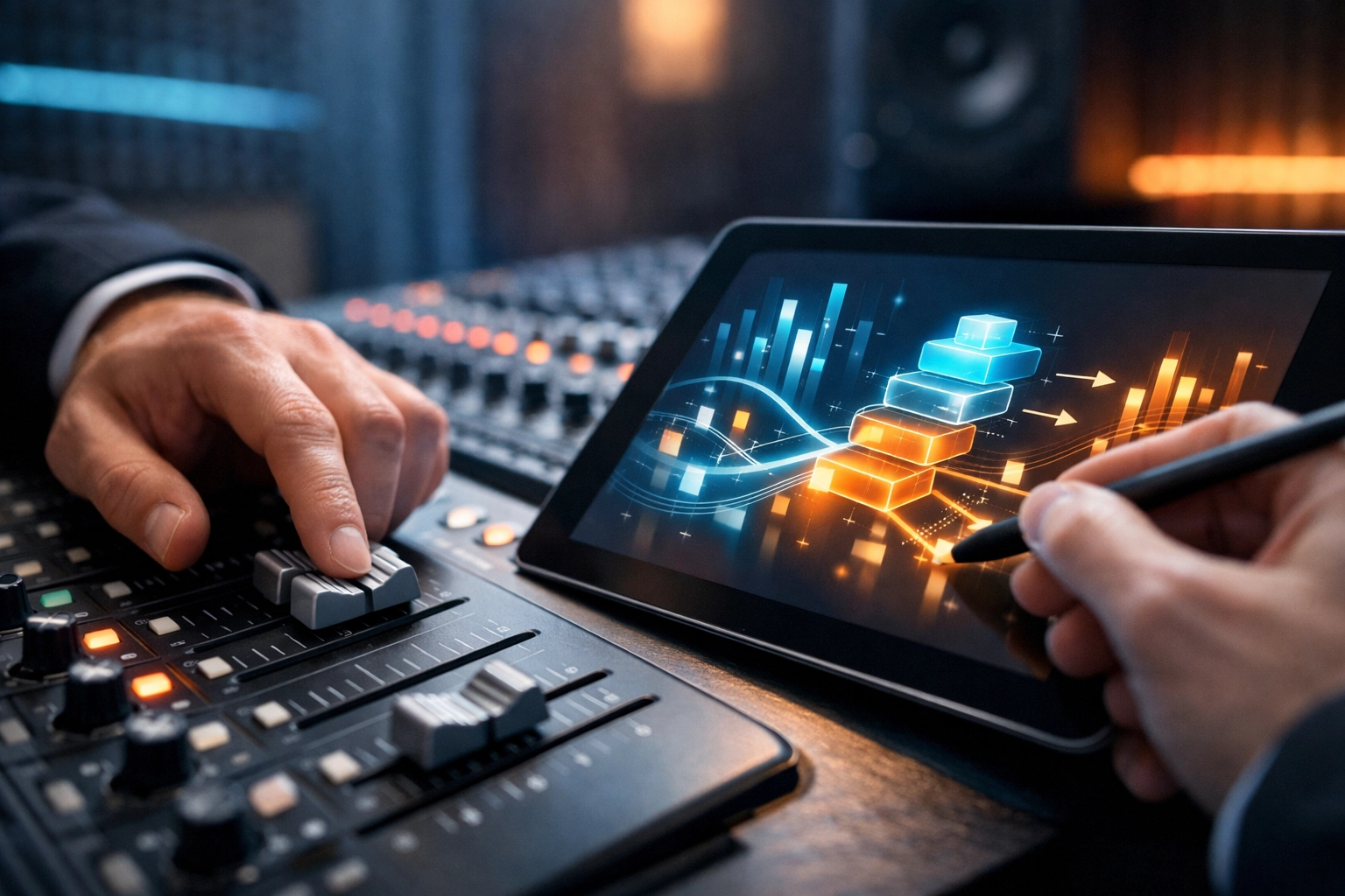 Music industry professional curating complex data on a digital tablet and studio mixing console.