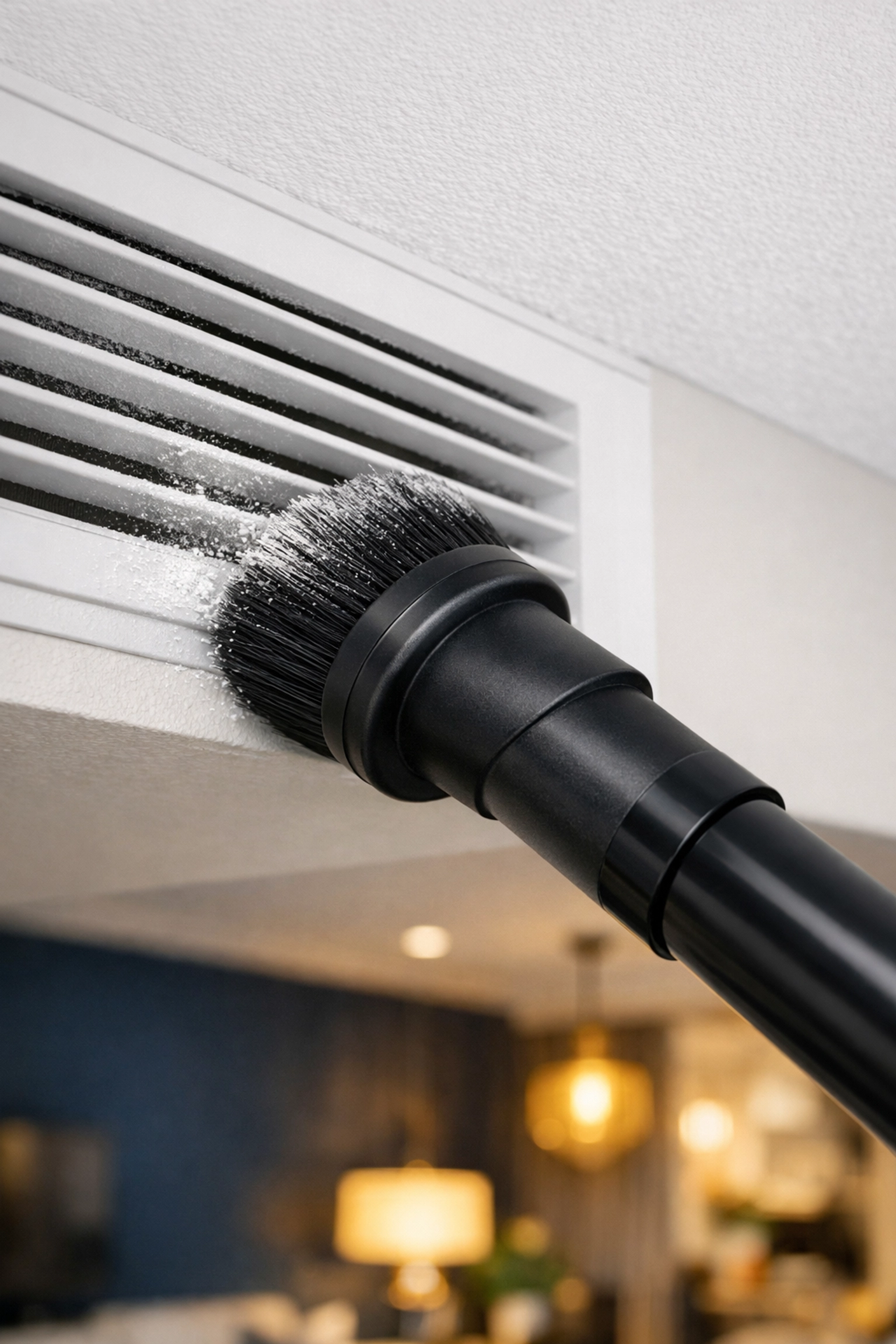 Meticulous dust removal from HVAC vents during a post-construction cleaning MA service in a residential home.