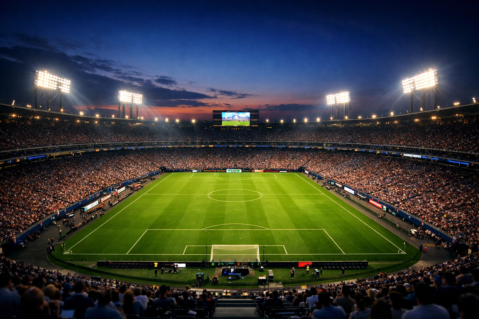 A professional sports stadium illuminated at twilight, representing Dakdan Worldwide's global reach.