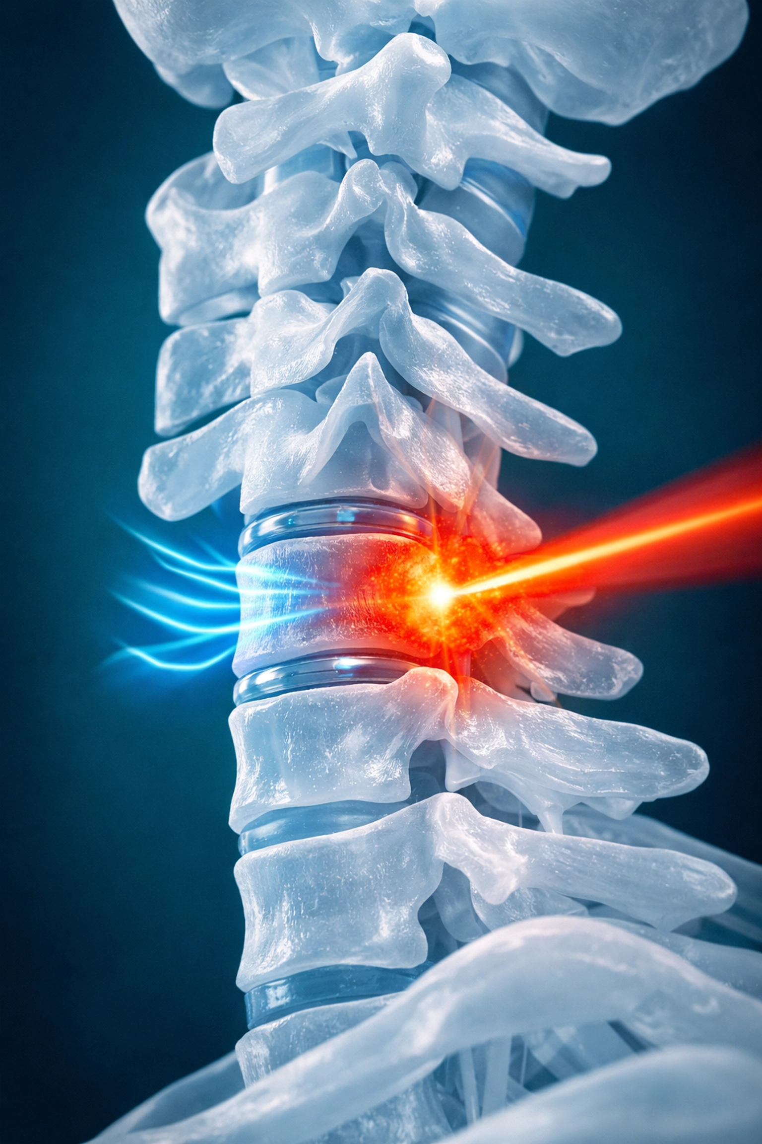 Spinal decompression and robotic laser therapy targeting the cervical spine for severe neck pain relief.