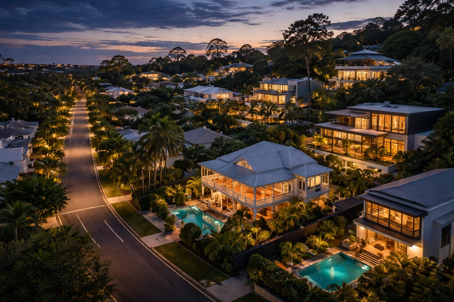 Aerial view of prestigious Brisbane suburb at dusk with Queenslander and modern homes, ideal for property buyers agents.