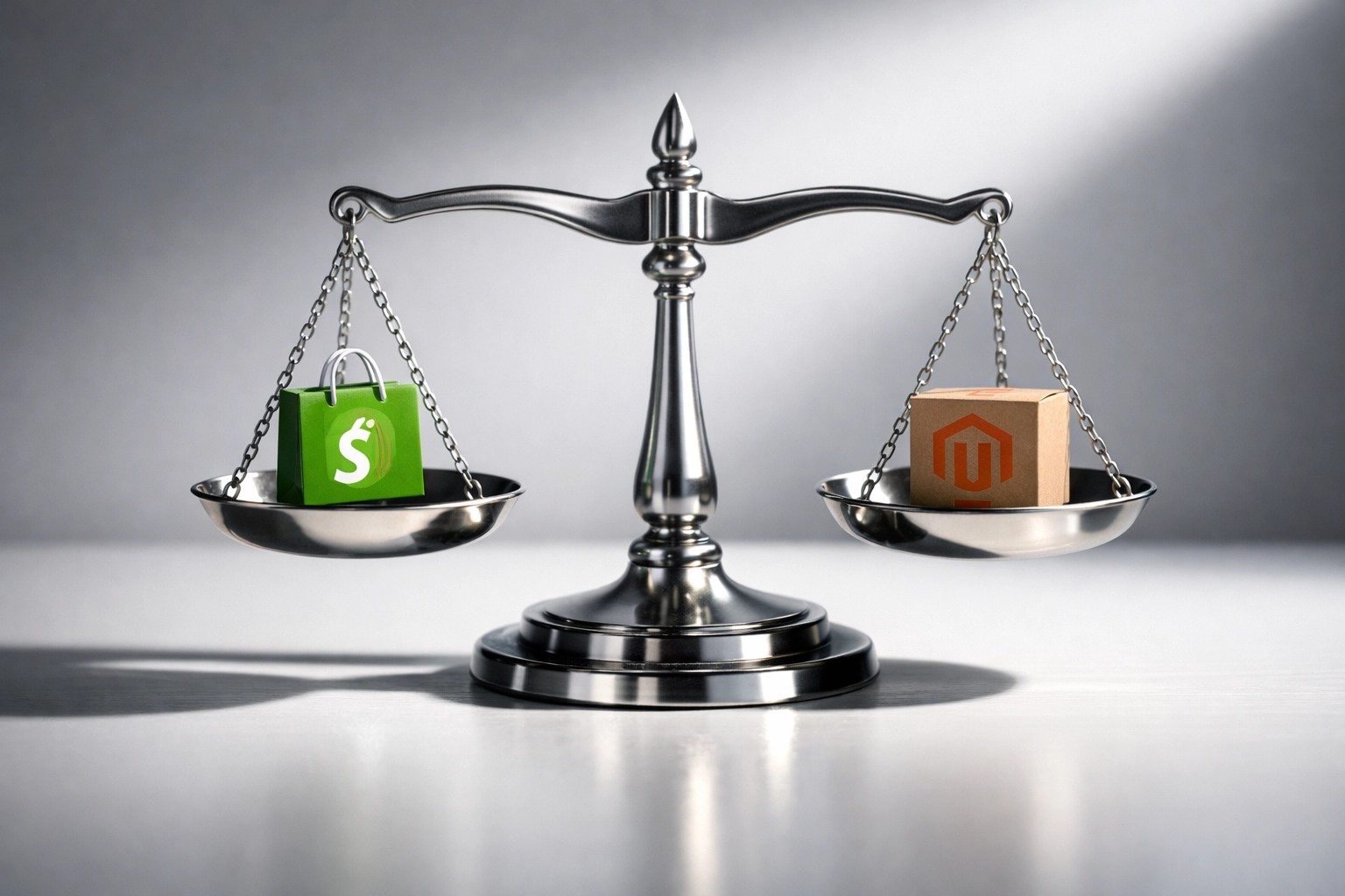 Balanced scale comparing Shopify and Magento platforms for ecommerce decisions