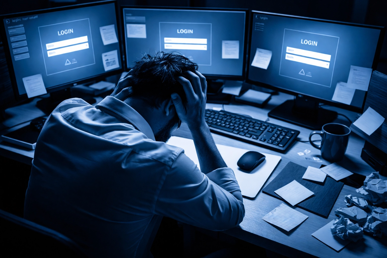 Stressed office worker at a desk surrounded by monitors and login screens, illustrating password fatigue risks in business security.