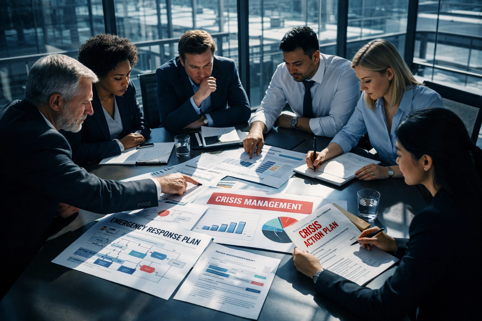 Corporate team reviewing crisis management plans and emergency response documents at conference table