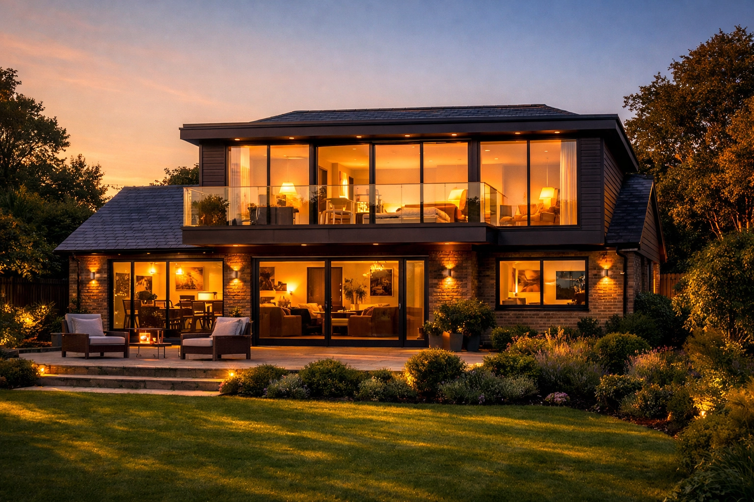 Modern two-storey bungalow transformation in West Sussex with a second floor addition and Juliet balcony.