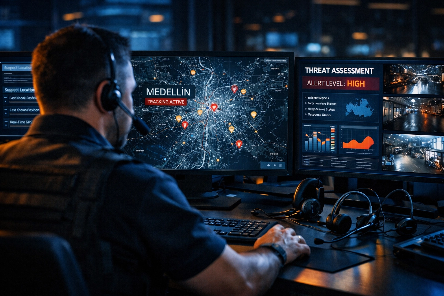 Security command center monitoring Medellin threat assessment and GPS tracking for VIP protection