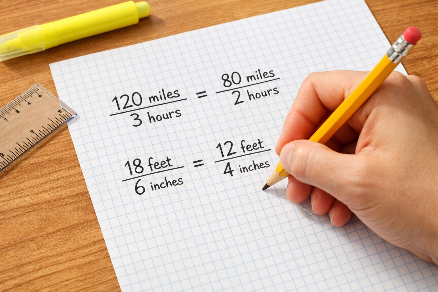 Hand writing SAT math proportions with units labeled including miles, hours, feet, and inches