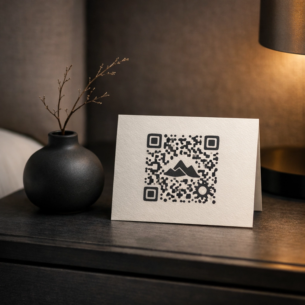 A luxury hotel room bedside table featuring a QR code for a digital neighborhood concierge service.