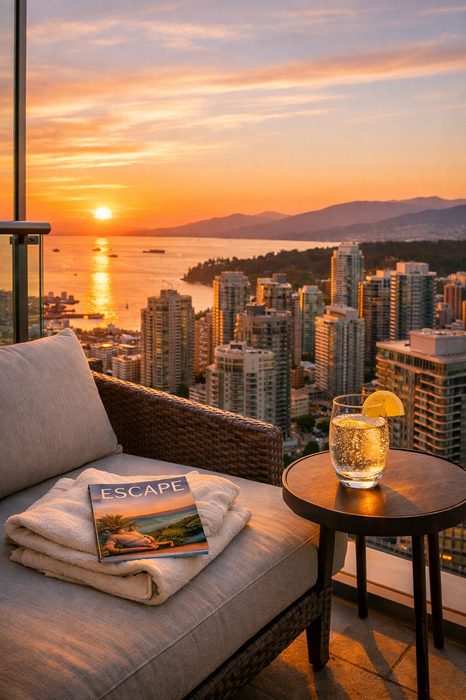 Sunset balcony view of the Vancouver skyline from a high-yield short-term vacation rental investment property.