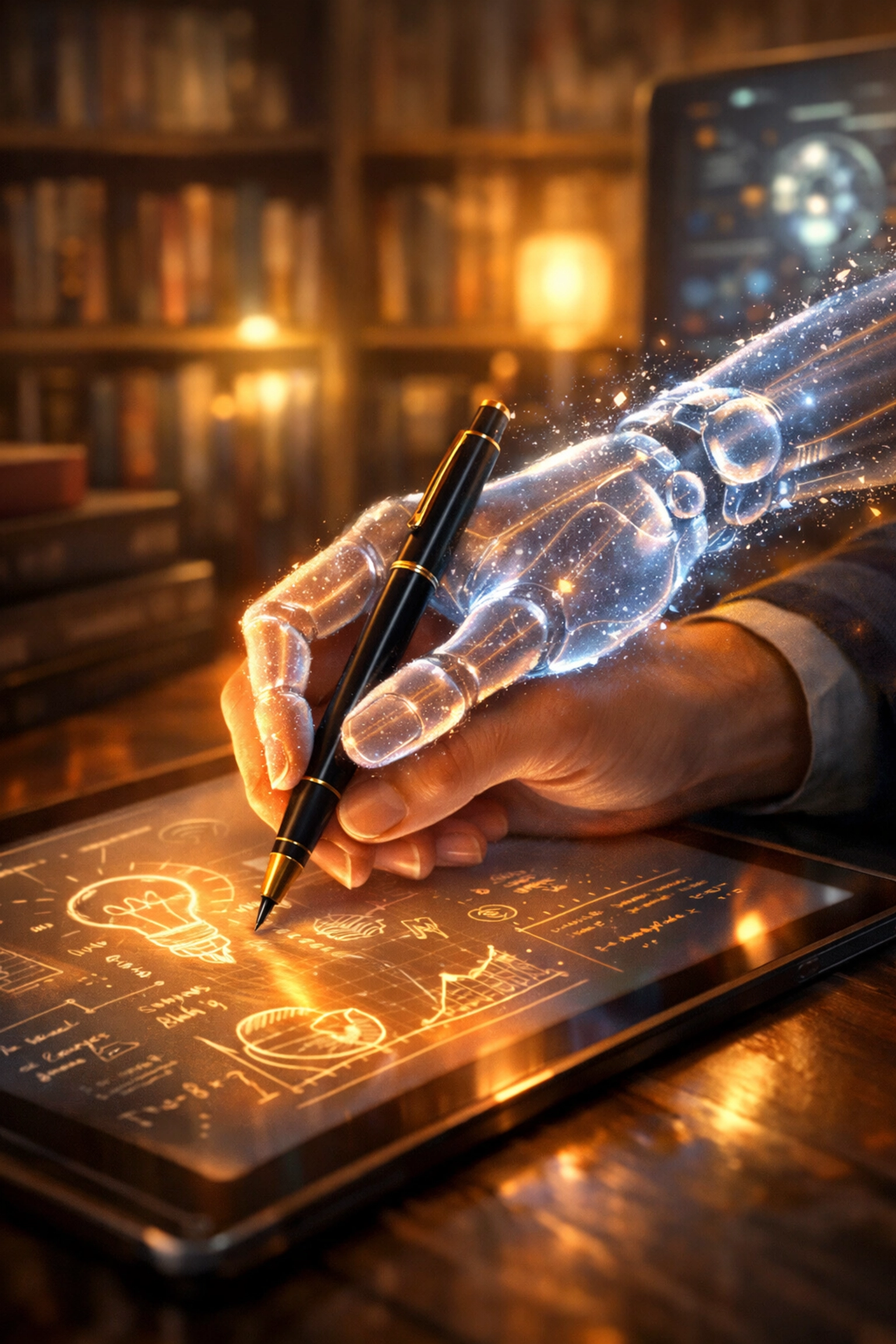 A human and robotic hand sketching together to illustrate the concept of AI as a creative co-pilot.