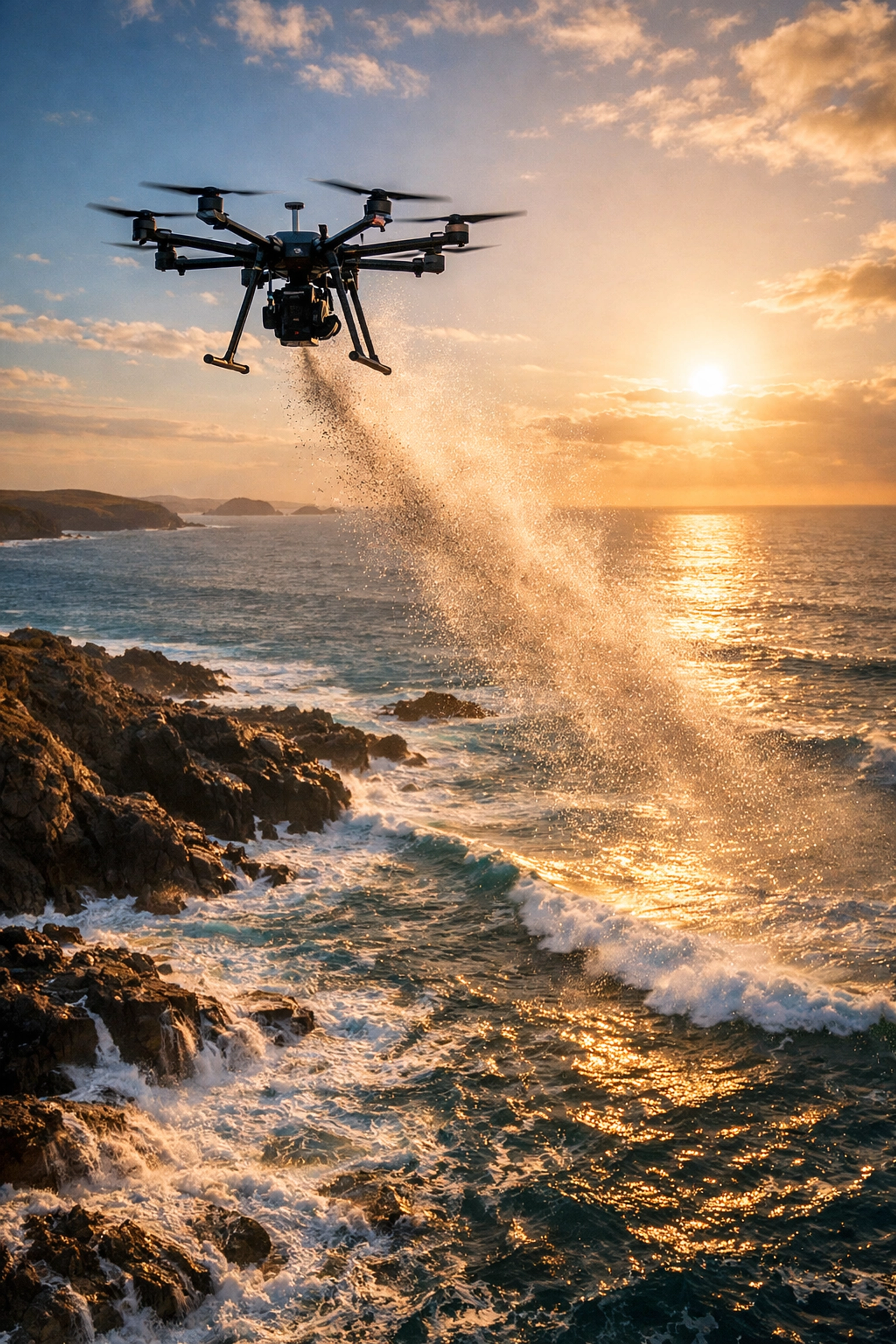 Serene drone ash scattering ceremony over the Atlantic surf at Constantine Bay, Cornwall.