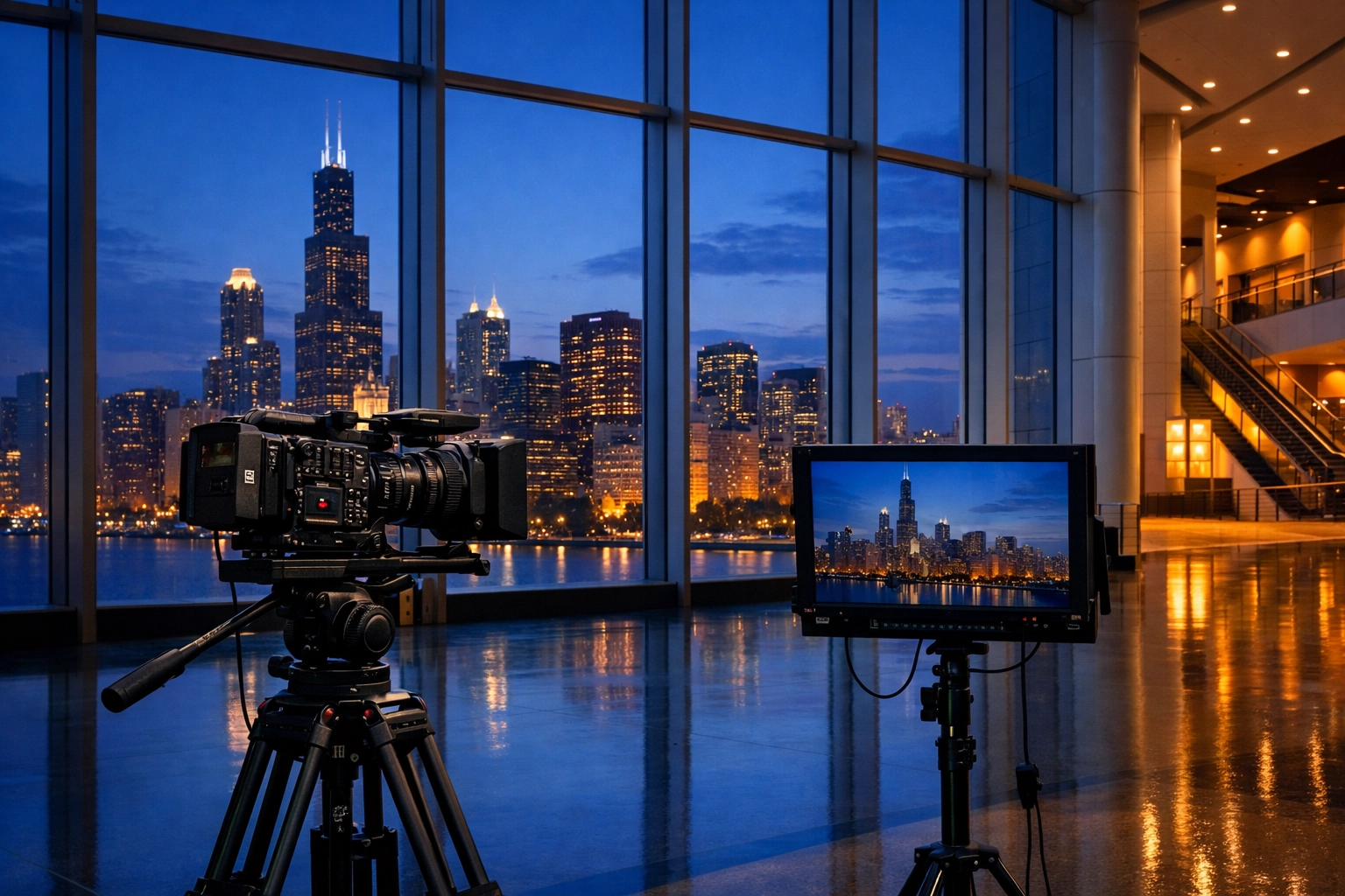 Professional cinema camera setup in a modern Chicago convention center overlooking the city skyline.