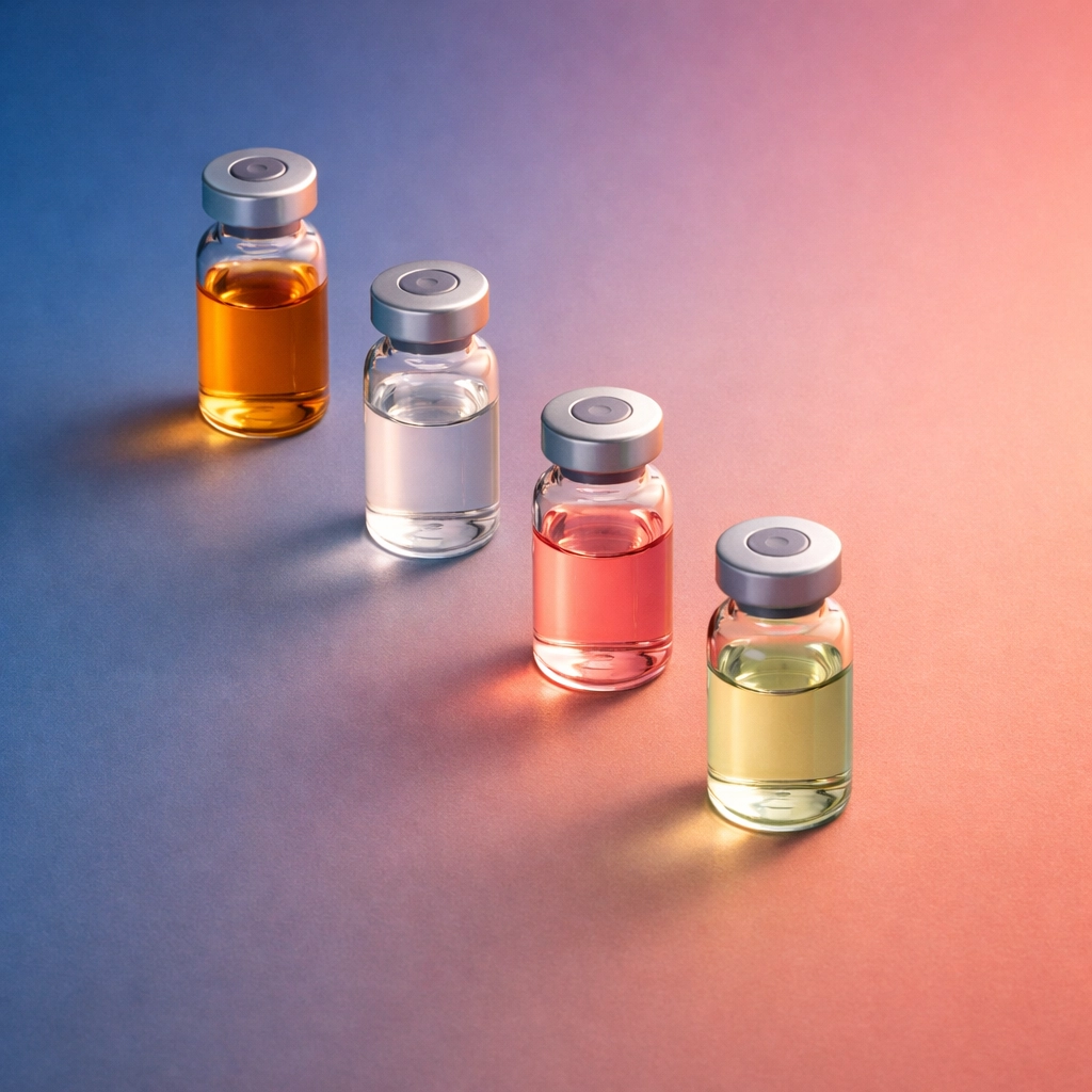 Four vials representing key hormones affecting muscle growth and gym performance