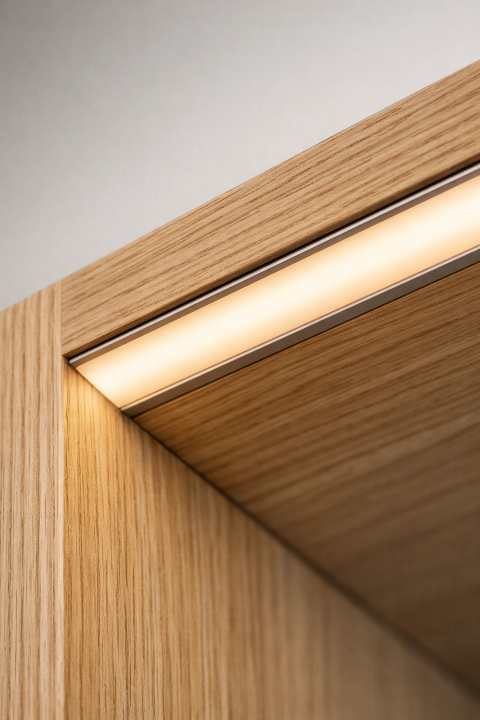 Deep-recessed aluminum LED channel providing a dot-free warm white light in oak cabinets.