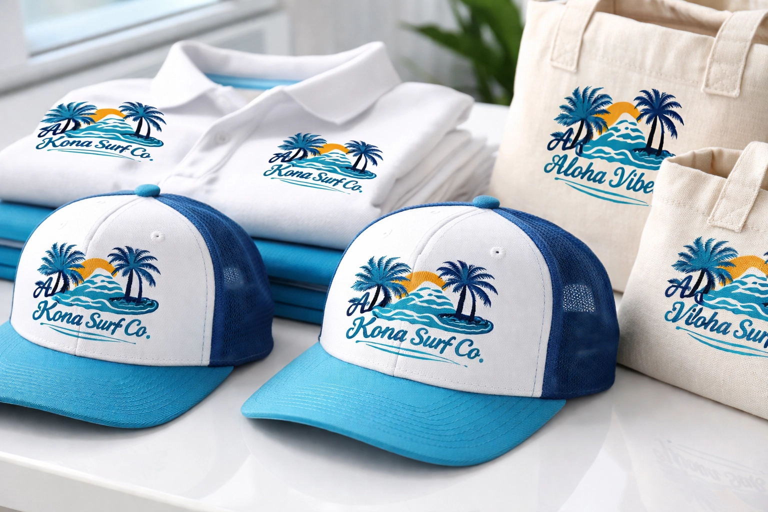 Close-up of custom-embroidered hats, shirts, and tote bags with Kona-inspired designs on a professional display