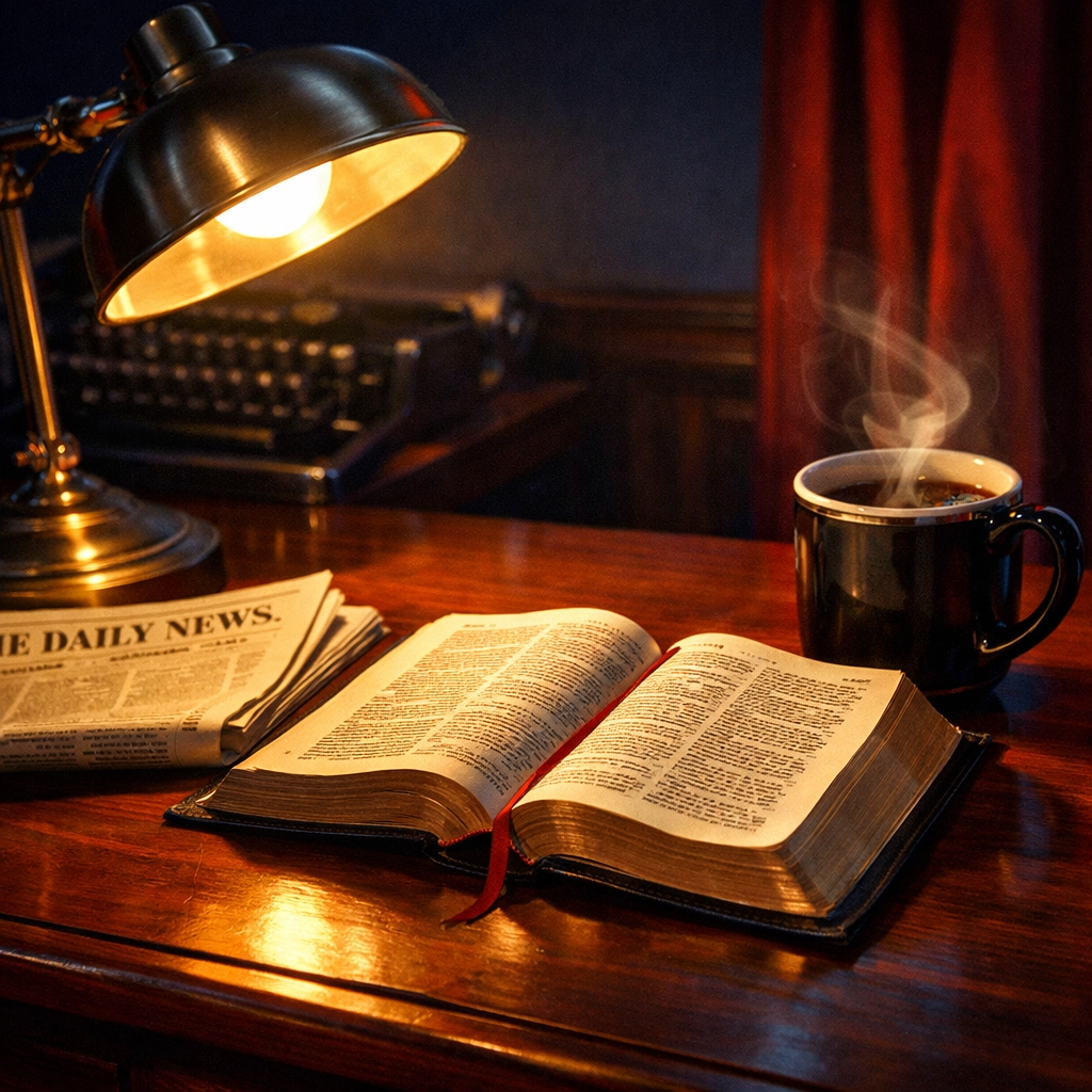 Bible and newspaper on desk with coffee representing peaceful evening news consumption