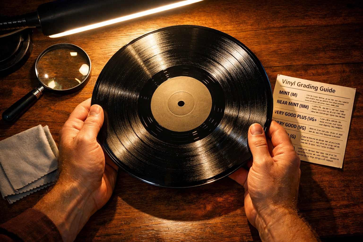 Collector examining vinyl record condition under lighting with grading tools and magnifying glass