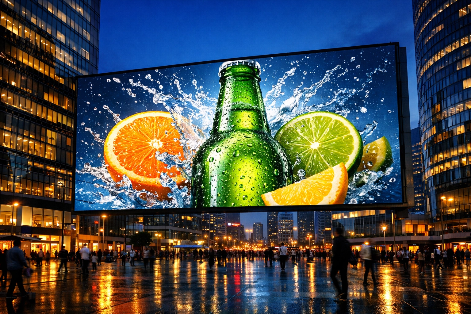 High-impact digital billboard in a city plaza illustrating the power of creative DOOH design.
