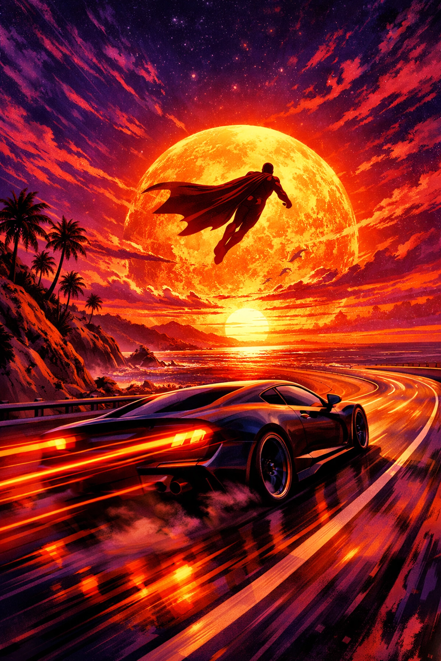 Speeding car and superhero silhouette at sunset, capturing the excitement of upcoming summer blockbusters.