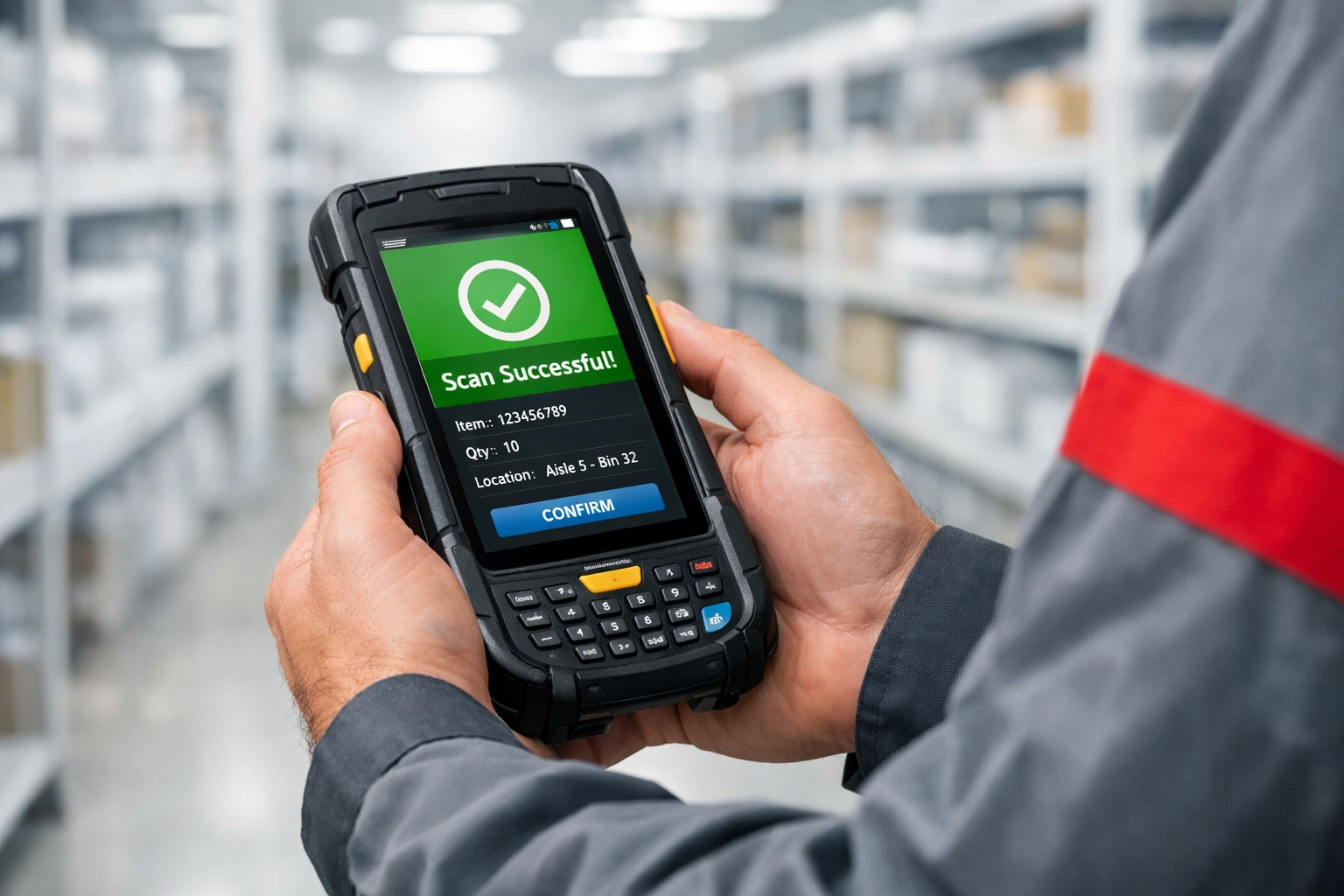 Warehouse staff using a mobile scanner for accurate stock management in a high-tech fulfilment centre.
