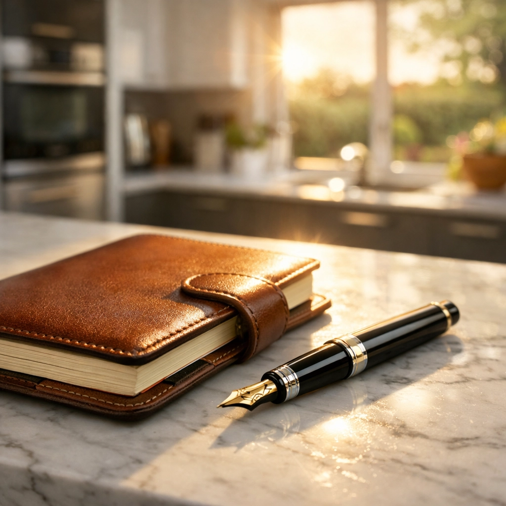 Leather planner on a marble island, representing a property valuation booked by AI lead automation.