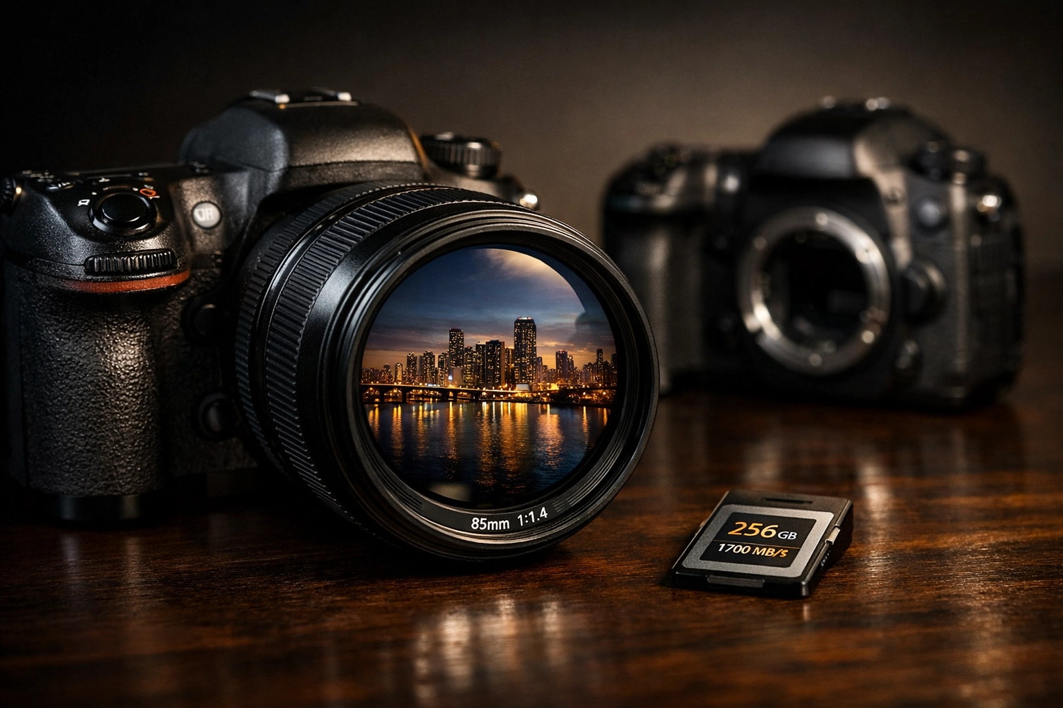 High-end professional camera gear and 85mm lens reflecting the Miami skyline at dusk.