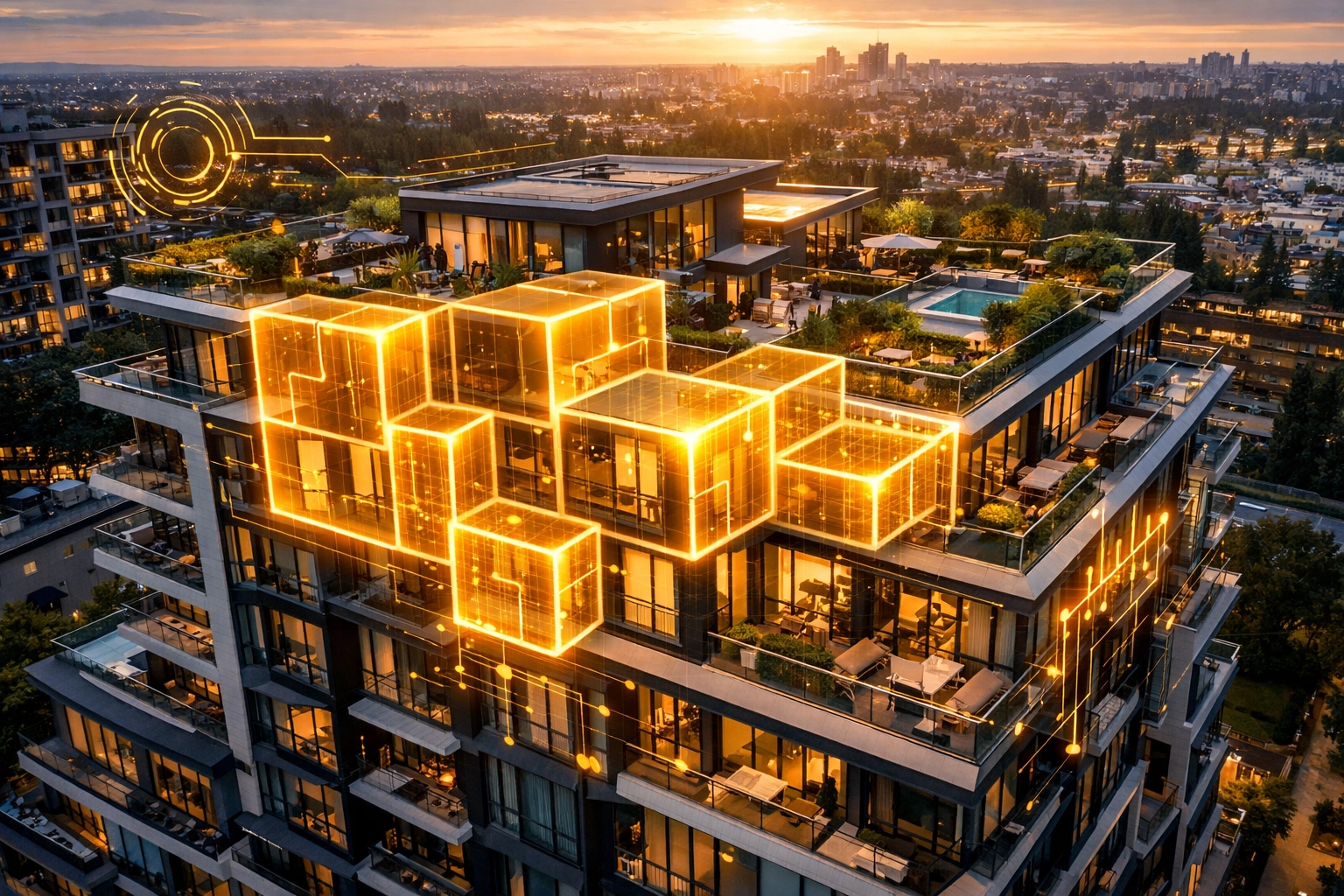 Modern apartment with a digital grid illustrating tokenized real estate and fractional ownership.