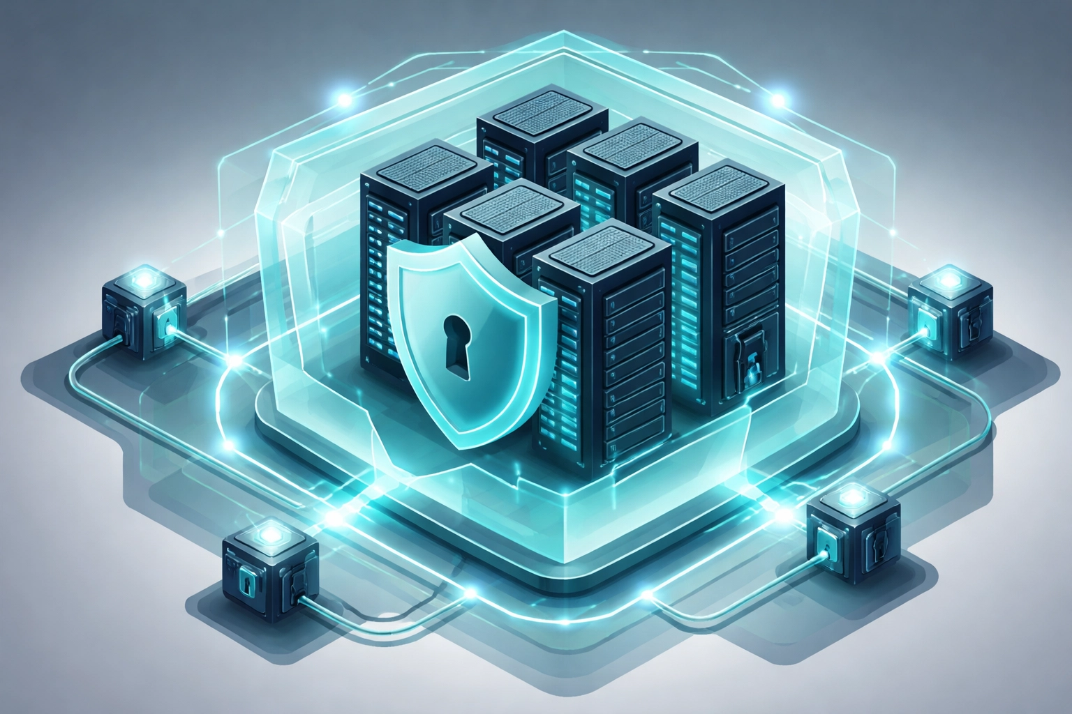 System hardening concept illustrated by a fortified server room with digital barriers and secure network protection