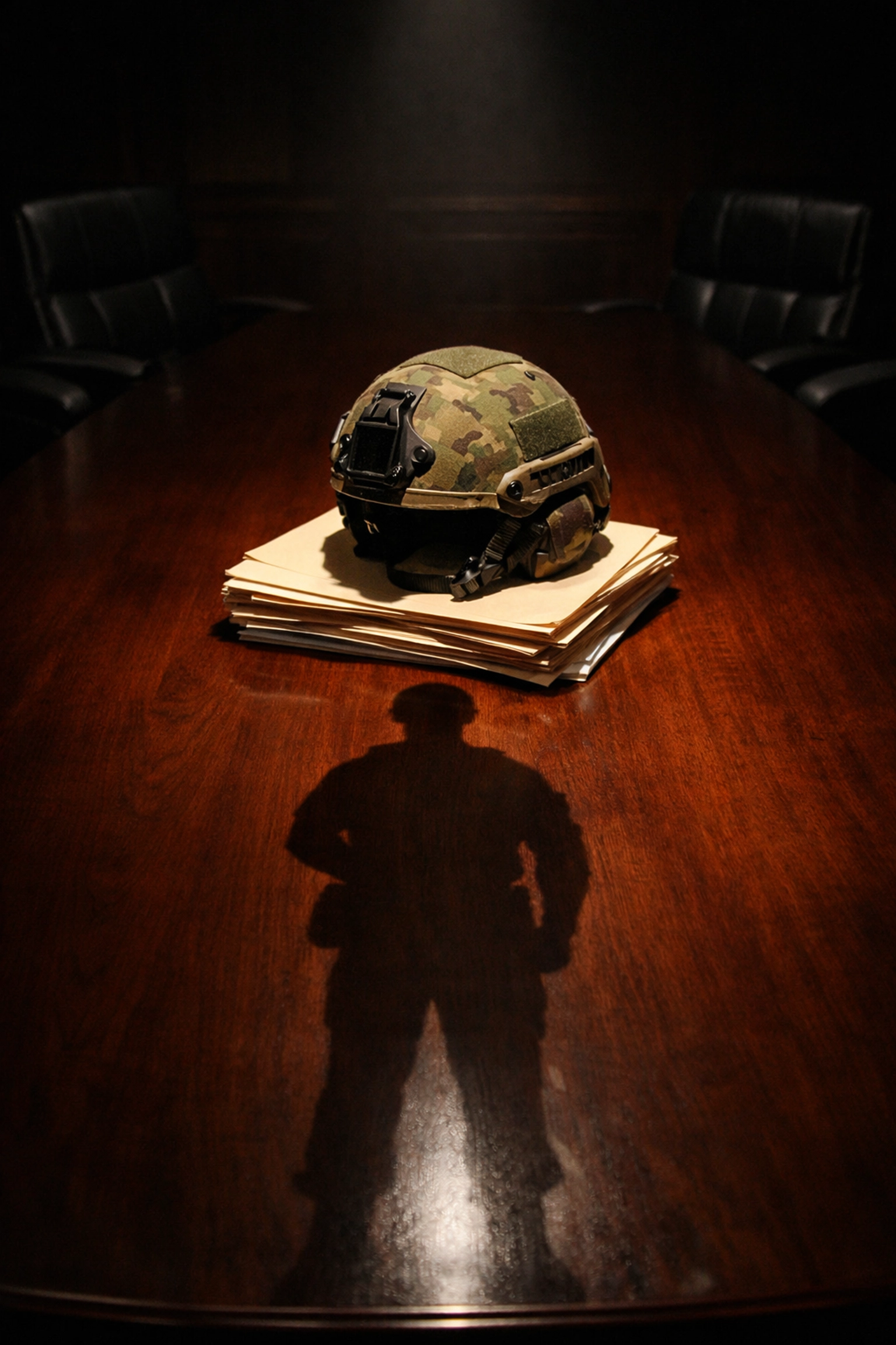 A military helmet on top of government folders, representing plans for a potential military draft.