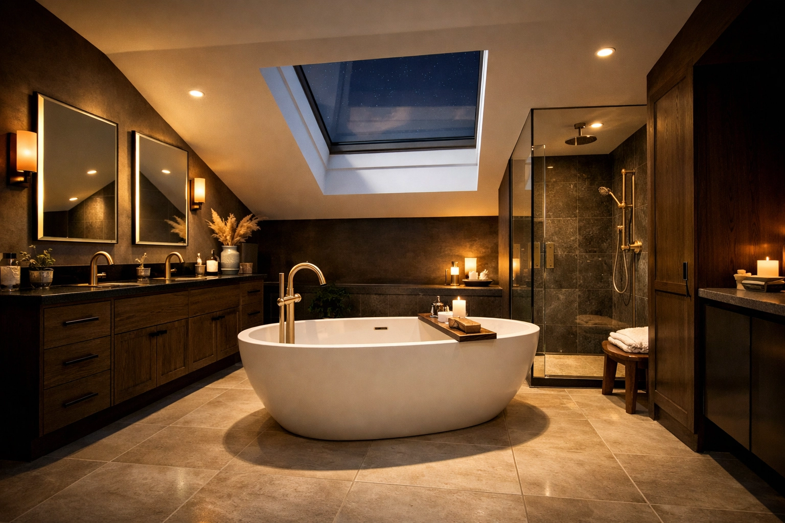Modern master en-suite with a freestanding tub and skylight in a Sussex bungalow extension.
