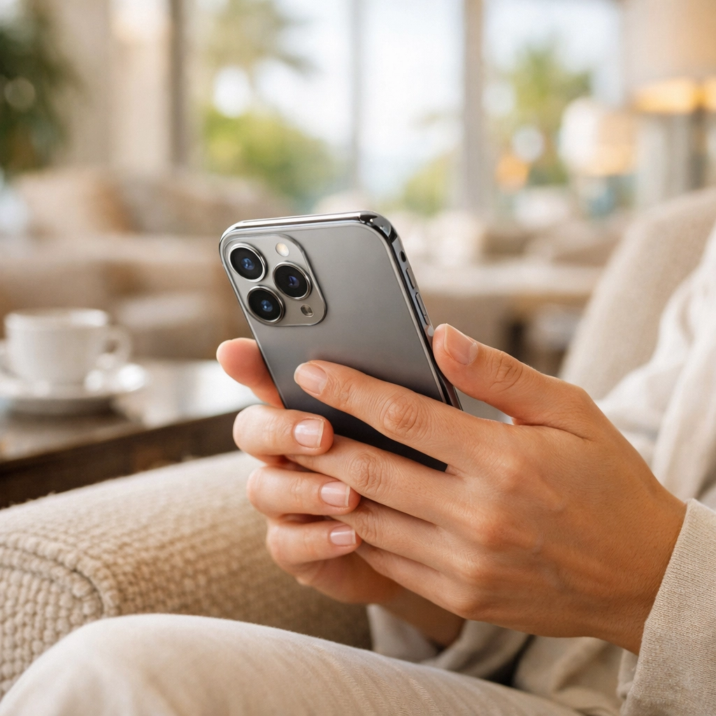A guest making a mobile hotel booking on a smartphone in a bright hotel lounge.