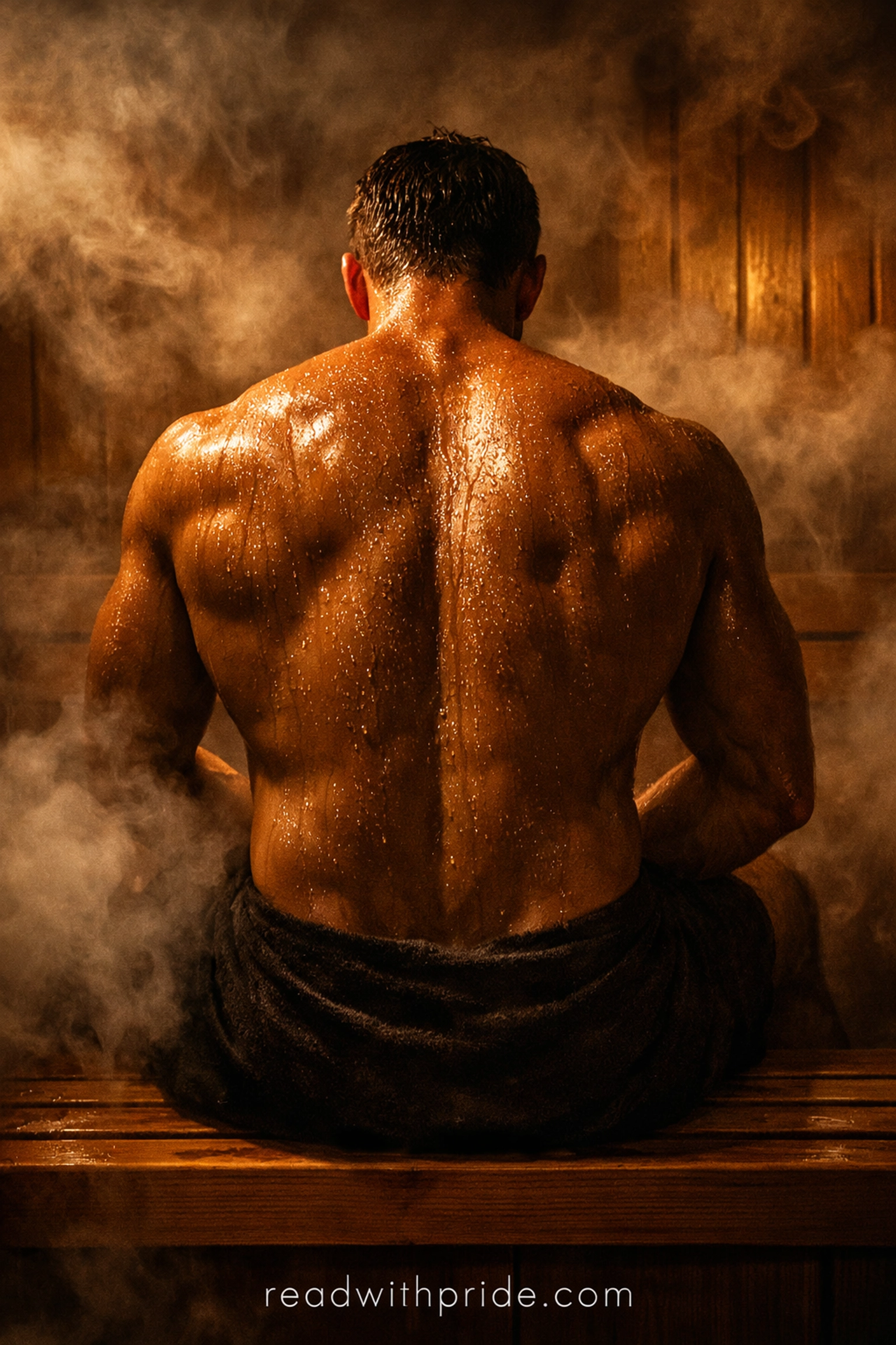 Muscular man in a steamy sauna, illustrating the sensory atmosphere of popular gay fiction books.