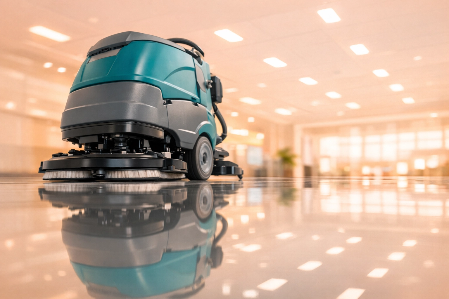 Industrial floor scrubber creating a streak-free shine on a commercial floor in Waterloo, IA.