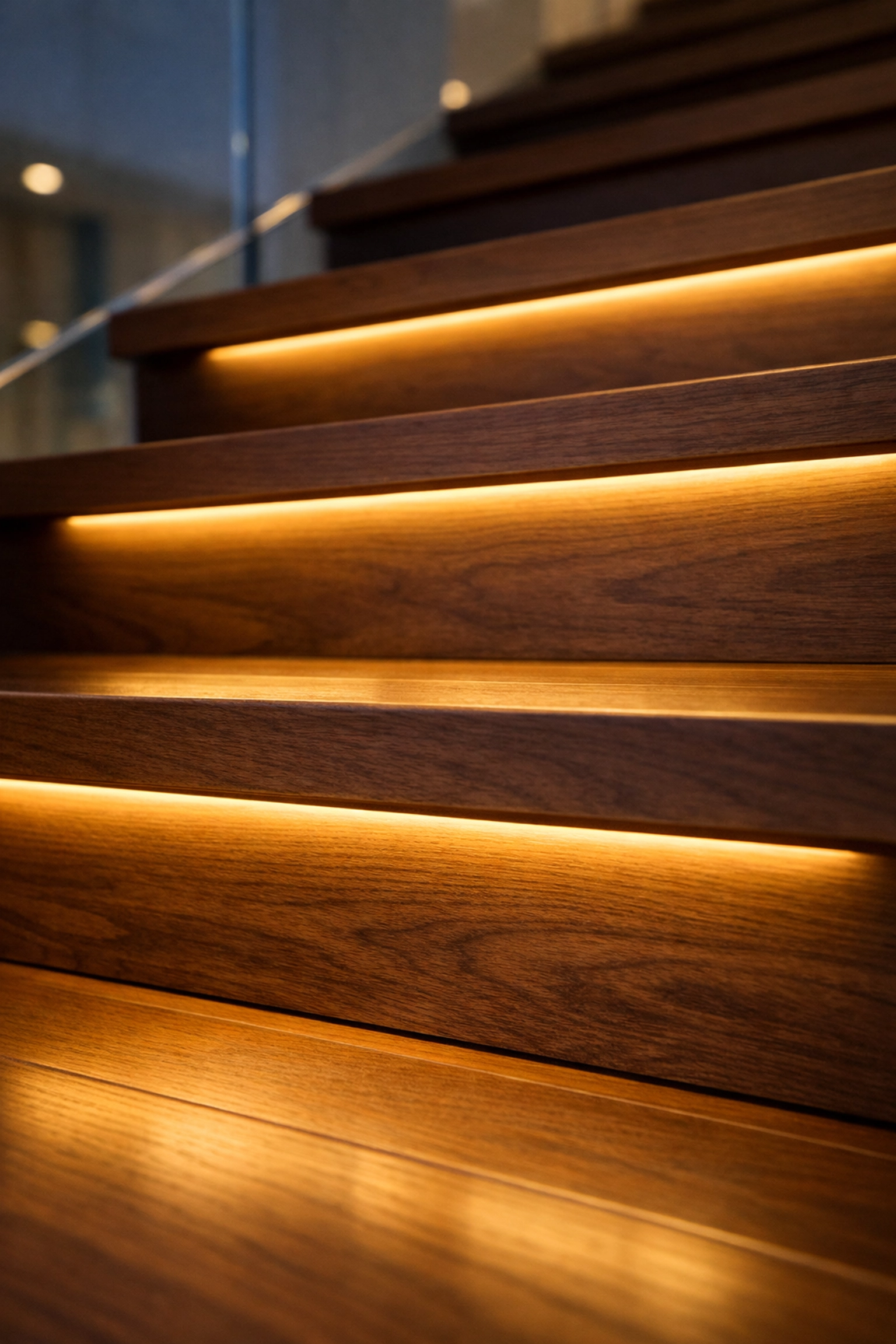 Staircase with warm LED lighting under each step to improve visibility and help recognize step edges.