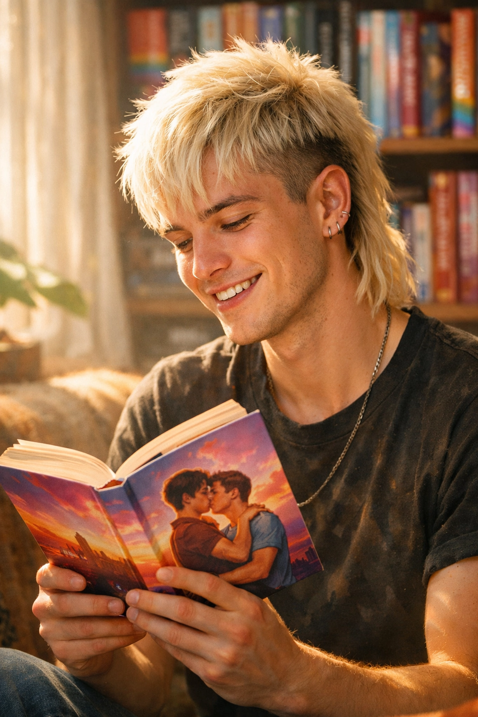 A gay man reading a queer romance novel in a sunny room, celebrating his personal LGBTQ+ ebook collection.
