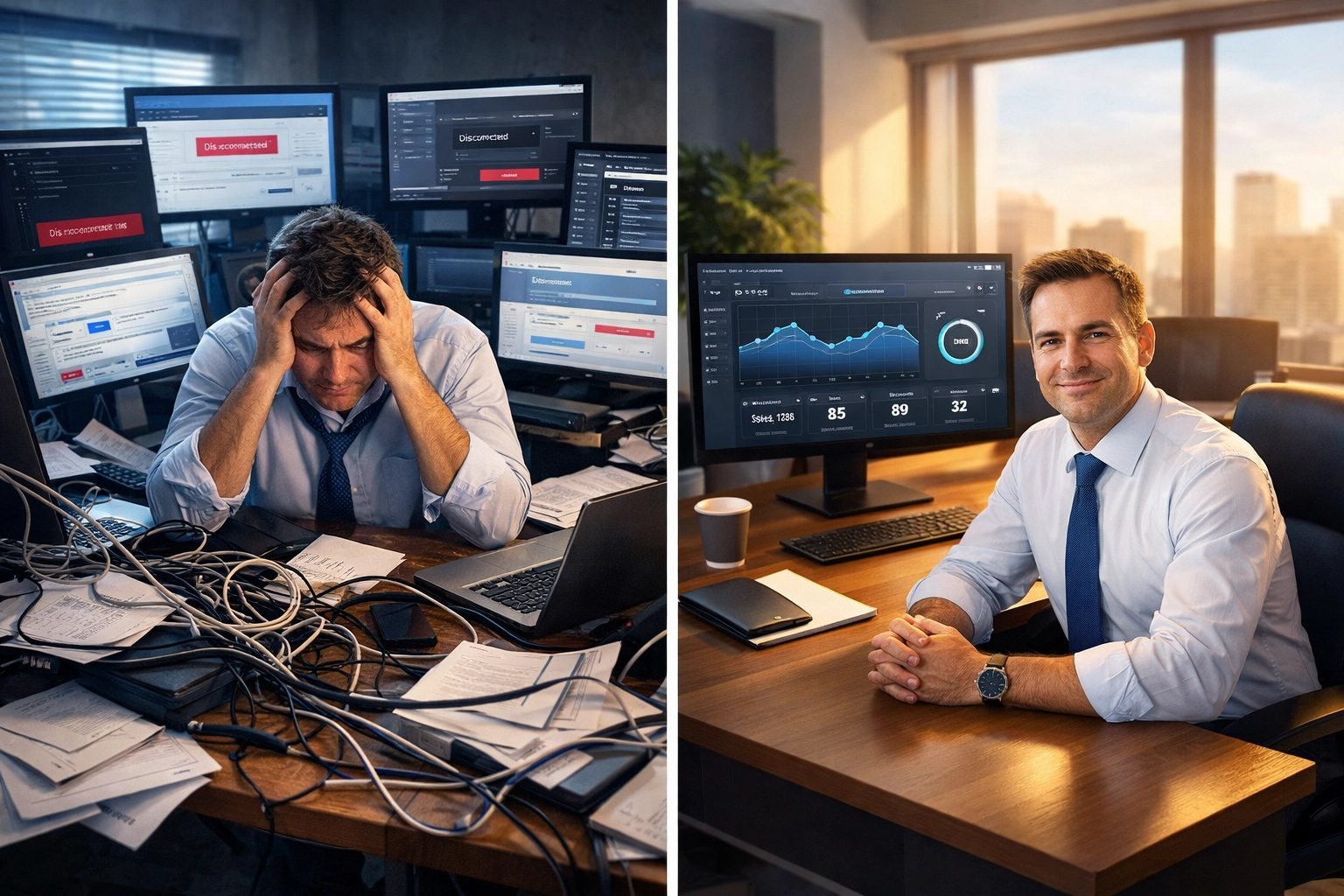Can Custom Software Development Really Help You Automate Business Processes? Find Out Here 2 Before and after comparison showing chaotic workspace transformed by custom software automation
